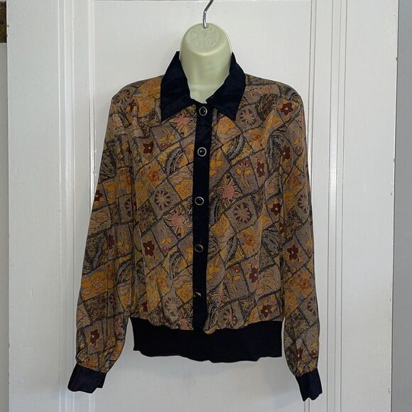 Vtg 80s Notations black & orange leaf pattern blouse - Picture 1 of 8